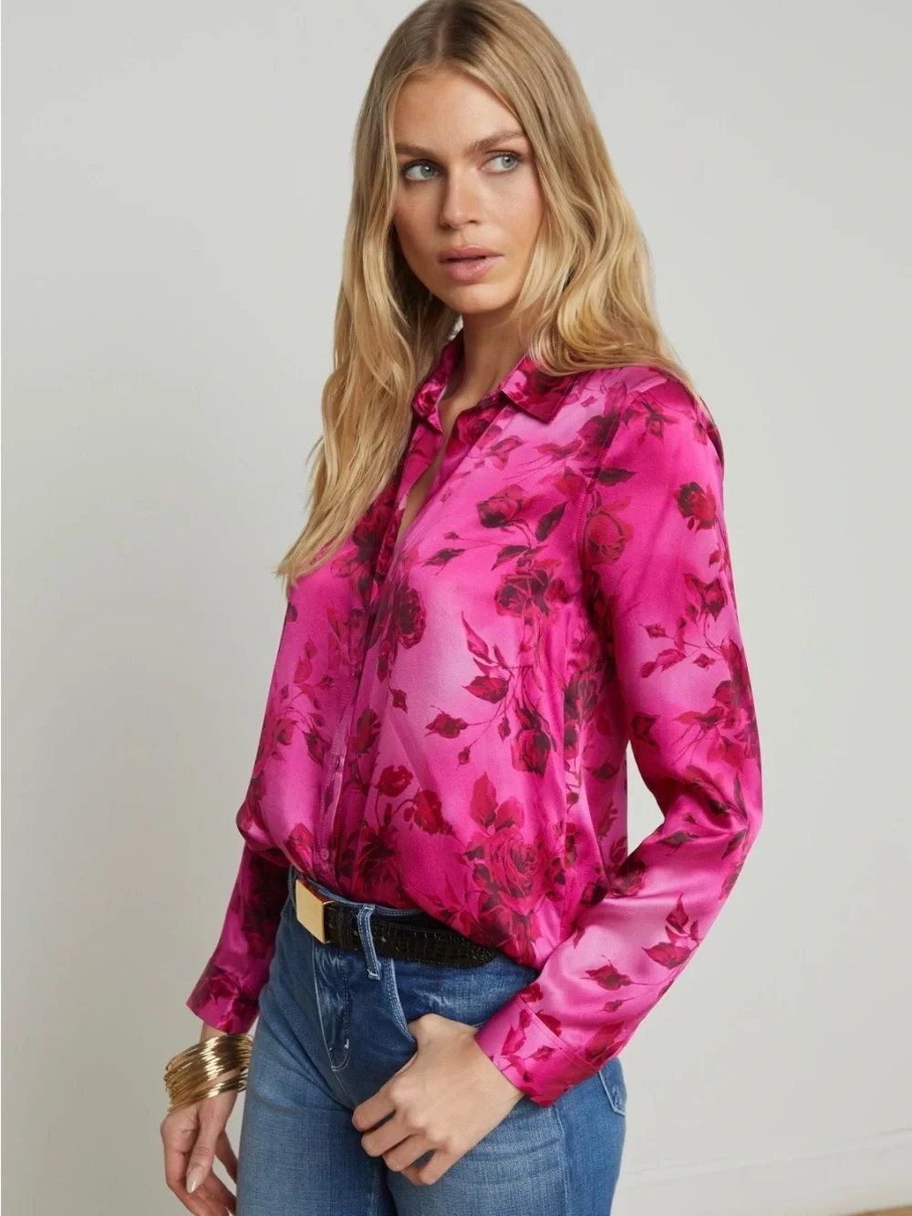 L’Agence Tyler Silk Floral Split-Neck Button Front Blouse - Fuchsia Pink size M - Picture 2 of 10